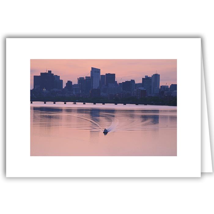 Boston Pink Sky at Dawn (H) - Boat on the Charles